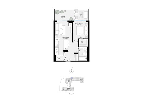 Floor plan for 1 bed, 1 bath, 496 sqft